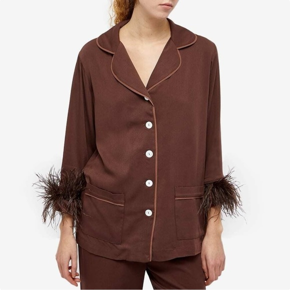 SLEEPER Double Feathers Party Brown Real Feather Trim 2 Piece Pajama Top & Pants - Picture 1 of 16